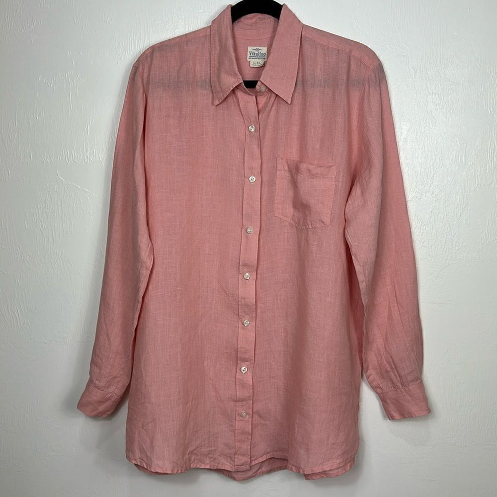 Vikolino Pink Linen Long Sleeve Button Down Shirt Size L/XL